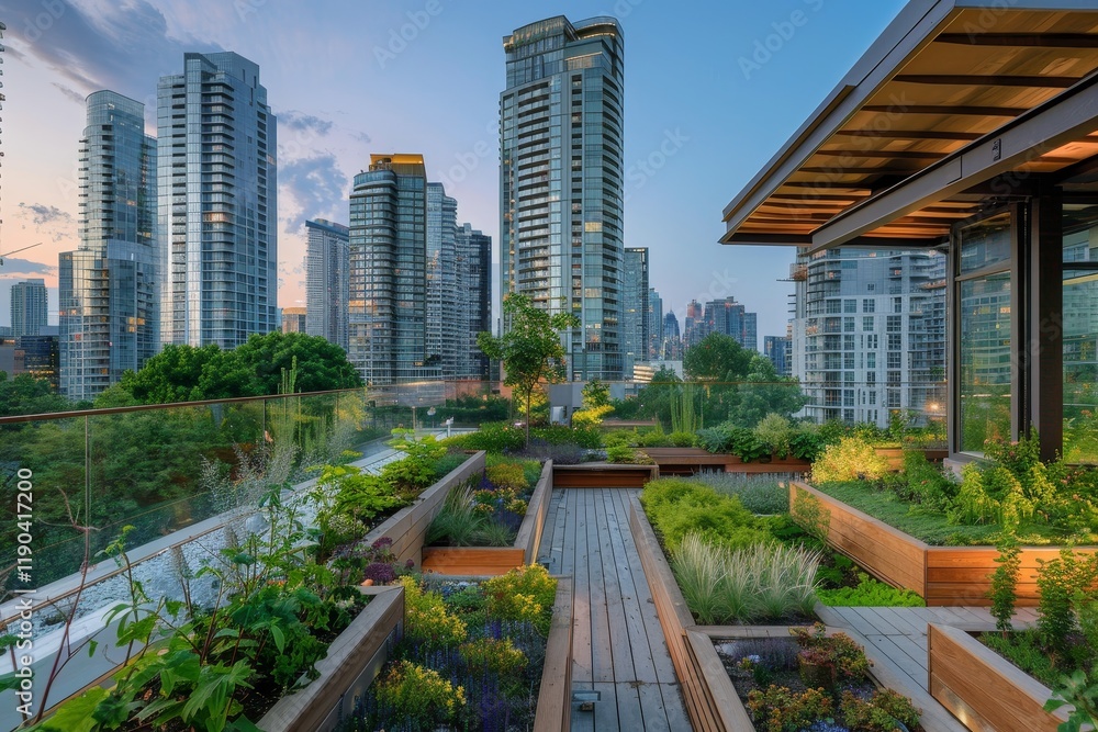 Fototapeta premium Escape the city bustle on a serene rooftop garden terrace with lush greenery and wooden walkways amidst skyscrapers, Rooftop gardens and terraces nestled among towering buildings