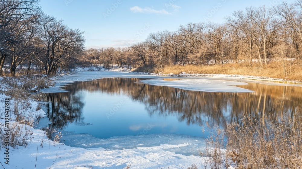 Winter River Scene With Partially Frozen Water And Bare Trees Winter River Scene With Partially Frozen Water And Bare Trees