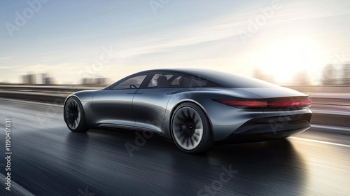 Sleek Electric Car Speeds Down City Highway at Sunset