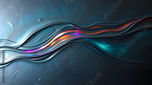 A cool color cast bronze surface depicting a vibrant abstract wave of colorful light on a dark background, with an antique patina finish using blues greens and purples photo