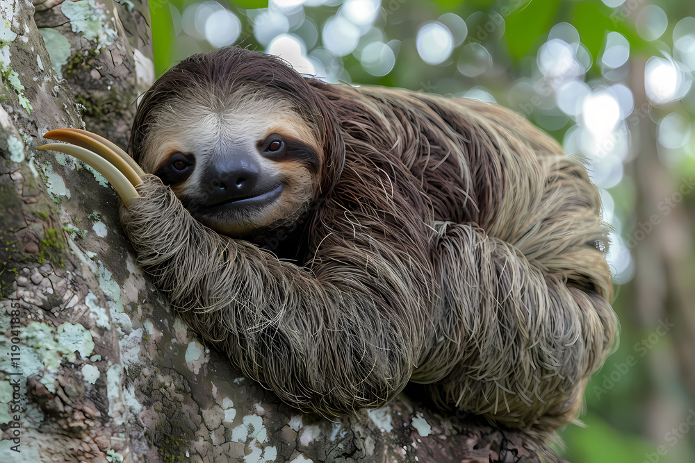 Fototapeta premium Cute sloth is sitting on a tree branch