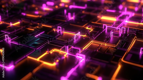 Abstract glowing neon circuit board texture.