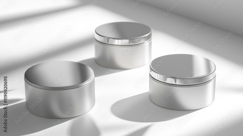Studio product photography elegant silver cosmetic containers with minimalist soft lighting Studio product photography elegant silver cosmetic containers with minimalist soft lighting