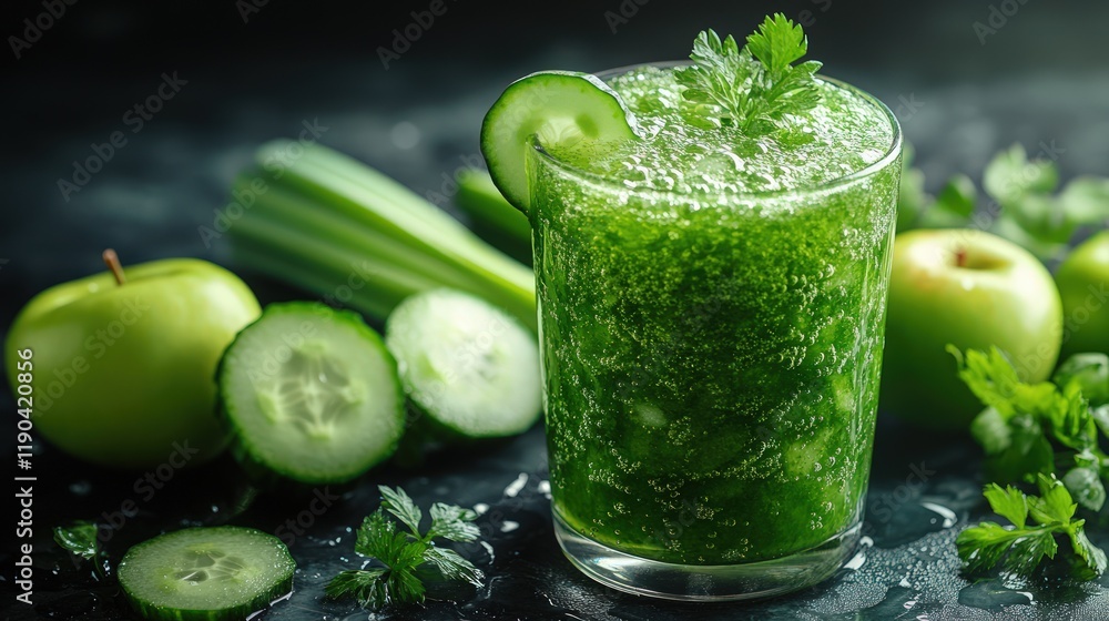 Refreshing green smoothie in glass with apple, cucumber, and celery. Refreshing green smoothie in glass with apple, cucumber, and celery.