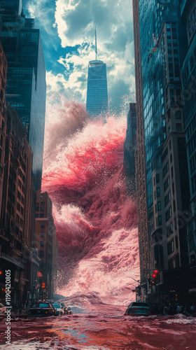 Tidal wave crashing into a blue cityscape with great impact AI generative. photo