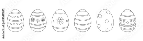 Coloring page with easter eggs set. Decorated eggs with stripes, polka dots and daisies. Spring holiday outline set. Coloring book for print. Vector illustration isolated on white background