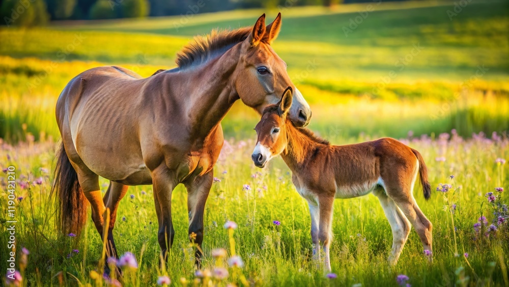 Adorable Mule Foal and Mare Grazing in Lush Green Pasture - Stock Photo Adorable Mule Foal and Mare Grazing in Lush Green Pasture - Stock Photo