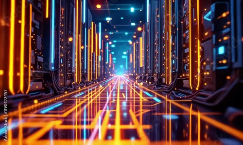 Futuristic Digital Corridor: Neon Lights and Data Streams. High quality 4K Footage