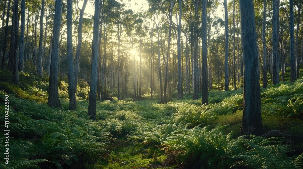 Obraz premium Sunlit Forest Path Ferns and Trees