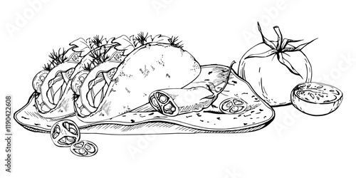 Street food filled tortilla pita gyros taco, sliced chili pepper, tomato served on ceramic plate. Hand drawn ink vector Isolated illustration. Design travel brochure, restaurant bar menu, recipe book
