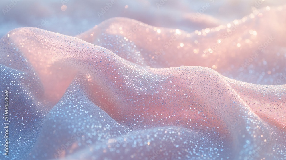 Glittery fabric with soft pink and blue hues, forming gentle waves under soft light. Glittery fabric with soft pink and blue hues, forming gentle waves under soft light.