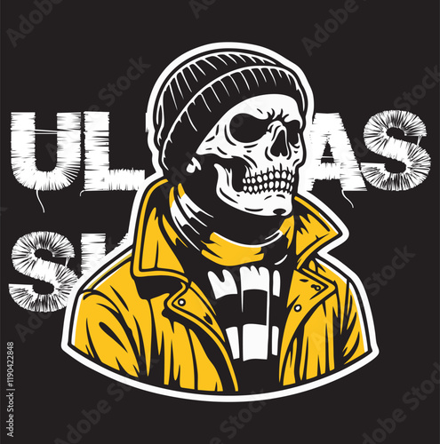 illustration vector graphic of Skull head Football fans ultras hooligan wear yellow jacket with black white scarf design for logo, t-shirt, etc