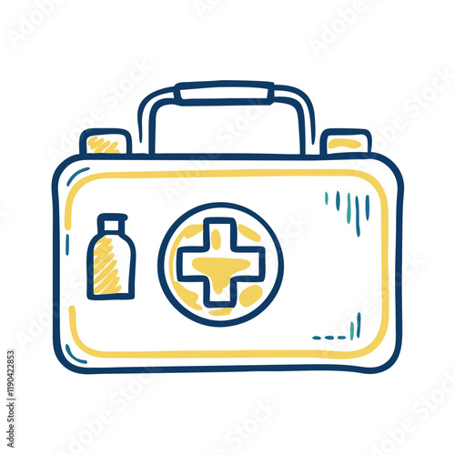 First Aid Kit Line Drawing in Blue and Yellow for Medical Safety Content