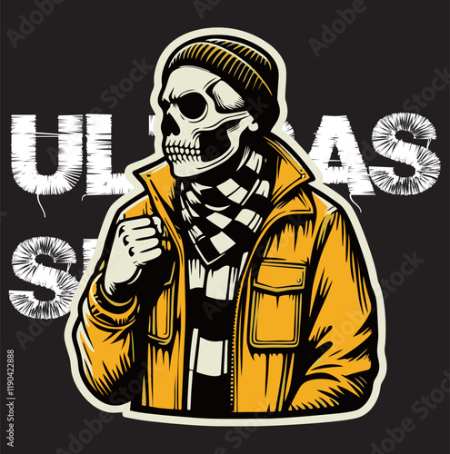 illustration vector graphic of Skull head Football fans ultras hooligan wear yellow jacket with black white scarf design for logo, t-shirt, etc