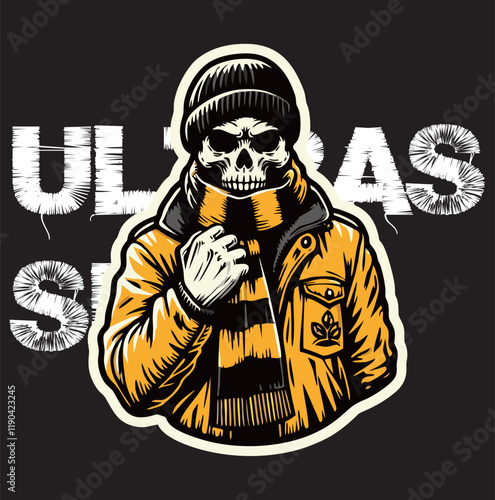 illustration vector graphic of Skull head Football fans ultras hooligan wear yellow jacket with black white scarf design for logo, t-shirt, etc