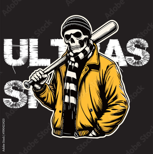 illustration vector graphic of Skull head Football fans ultras hooligan wear yellow jacket with black white scarf design for logo, t-shirt, etc