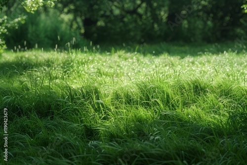 Close-up view of tall, green grass in a field clearing within a forest, Overgrown field where the grass reaches your knees photo