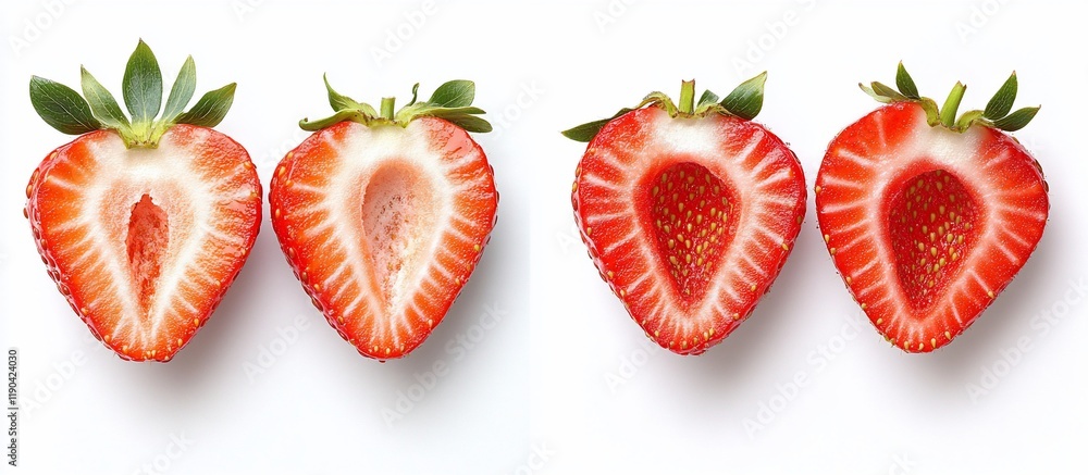 Four halved strawberries on white background, showing inside. Four halved strawberries on white background, showing inside.