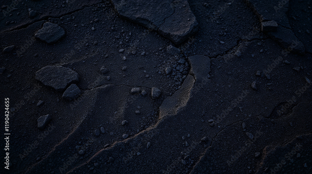 Obraz premium Cracked black soil creating abstract patterns with scattered rocks