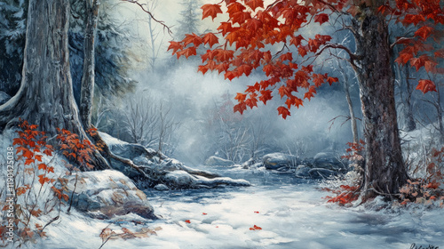 Falling maple leaves and a frozen creek in a tranquil forest AI generative. photo