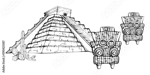 Mesoamerica Aztec Egyptian ancient monument, pyramid ruins heritage site, cacti, religious carved deity. Hand drawn ink vector illustration. Isolated single object for travel brochure, vacation tours