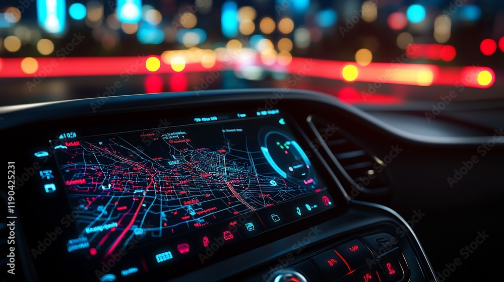 Obraz premium Night city driving view from car's navigation system.