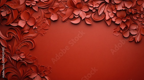 Decorative red floral relief artwork on smooth surface. Generative AI photo