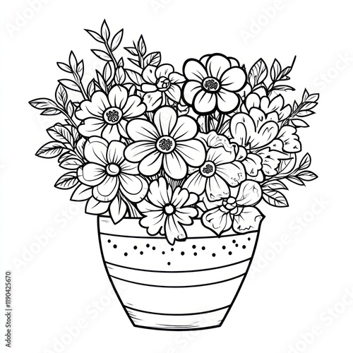 Potted floral bouquet line art, white background, coloring page