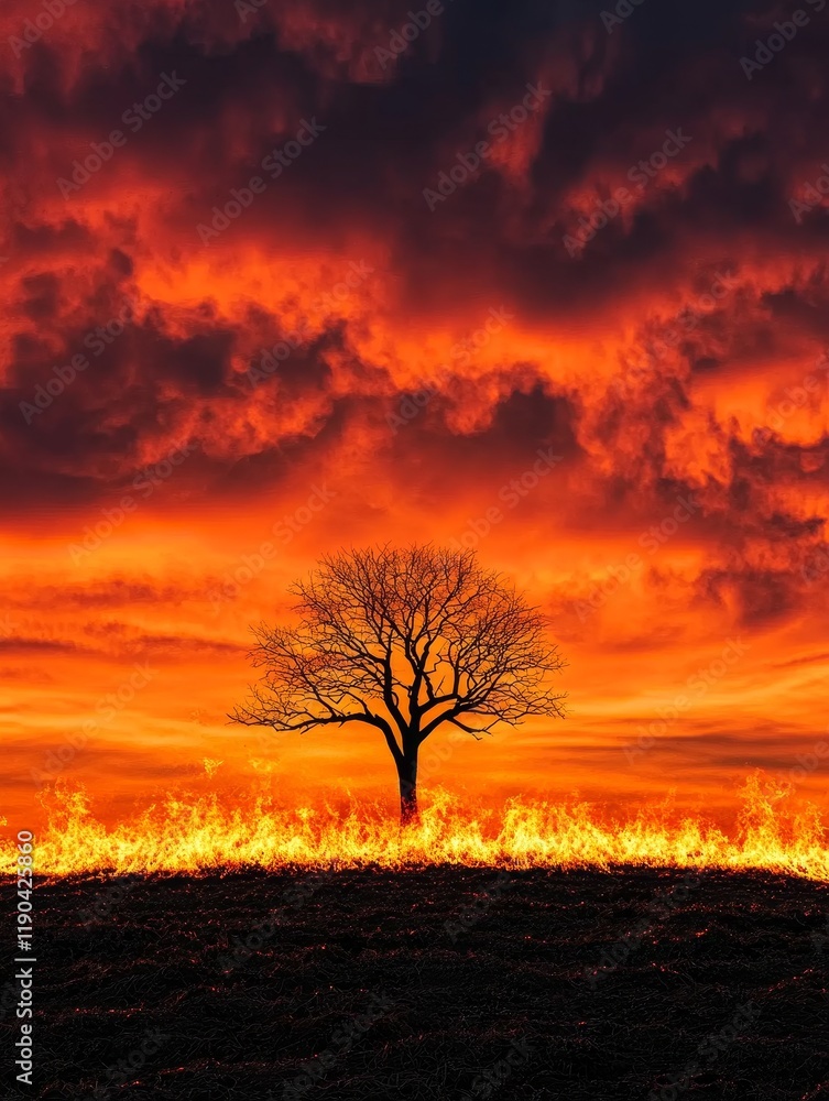 Fototapeta premium Fiery Sunset Landscape - A lone tree survives a fiery landscape, symbolizing resilience, nature's power, survival, hope, and the cycle of life.
