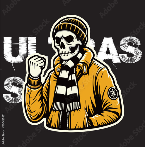 illustration vector graphic of Skull head Football fans ultras hooligan wear yellow jacket with black white scarf design for logo, t-shirt, etc