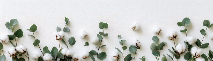 Delicate border of eucalyptus stems with scattered cotton flowers, open circular frame, serene style on white