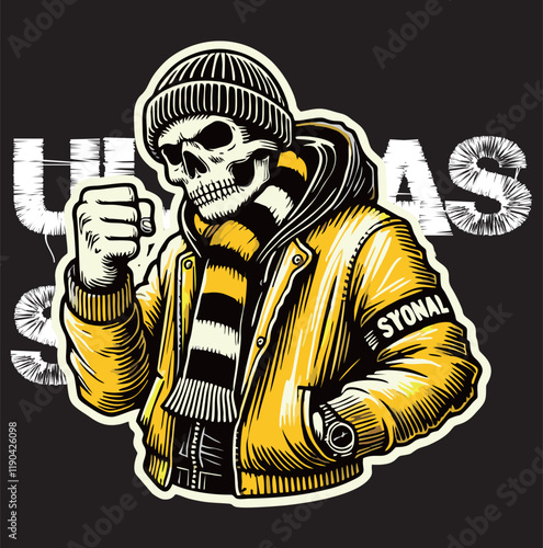 illustration vector graphic of Skull head Football fans ultras hooligan wear yellow jacket with black white scarf design for logo, t-shirt, etc