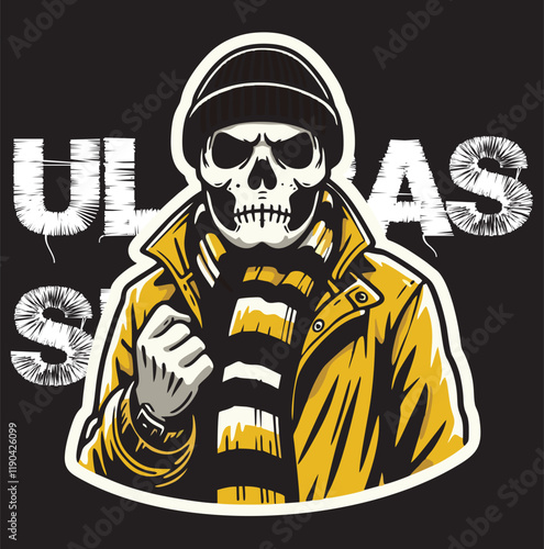 illustration vector graphic of Skull head Football fans ultras hooligan wear yellow jacket with black white scarf design for logo, t-shirt, etc