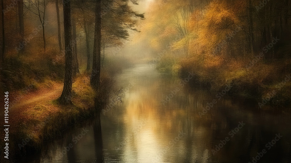 Obraz premium Autumnal Canal Path Through Misty Forest Trees