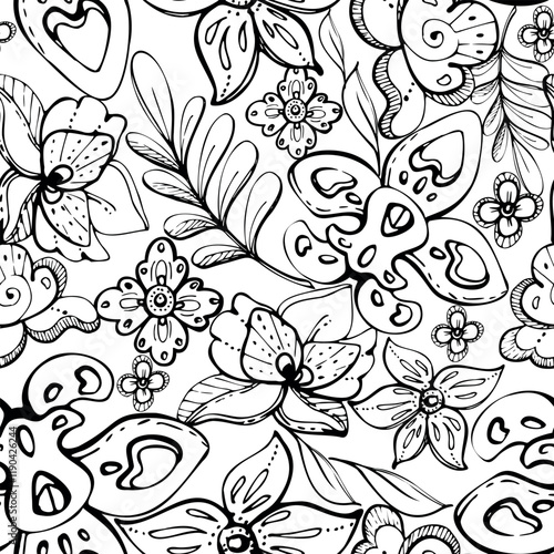 Floral lace traditional embroidery, exotic rose orchid flowers and leaves, folk ethnic stylized. Hand drawn ink vector illustration. Seamless pattern isolated on white. Design wallpaper, scrapbooking