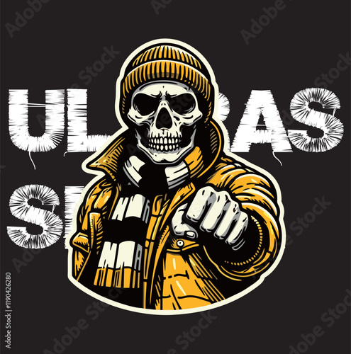 illustration vector graphic of Skull head Football fans ultras hooligan wear yellow jacket with black white scarf design for logo, t-shirt, etc