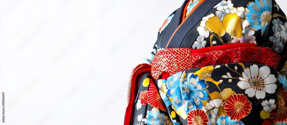 Close-up of a vibrant floral kimono with a red obi. Close-up of a vibrant floral kimono with a red obi.
