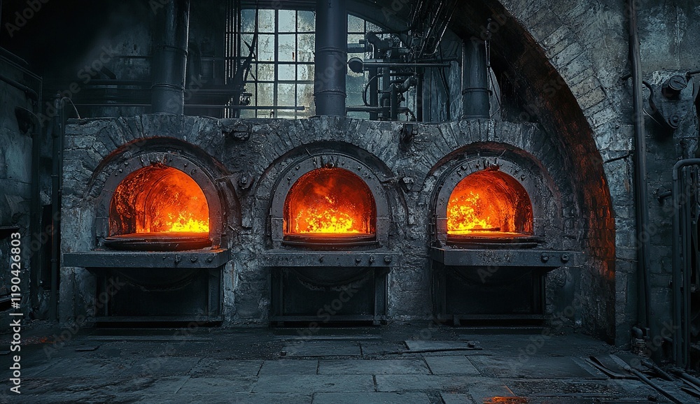 Intense Furnaces Glowing Brightly in Industrial Setting, Reflecting Heat and Power in a Factory Intense Furnaces Glowing Brightly in Industrial Setting, Reflecting Heat and Power in a Factory