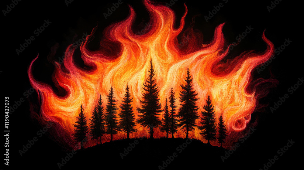 Fototapeta premium Forest Fire Inferno - Fiery flames engulf silhouetted trees, symbolizing danger, destruction, nature's power, resilience, and rebirth.