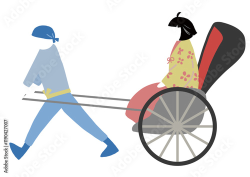 人力車に乗った日本の和服着物を着た女性と、人力車を引っ張る男性のイラスト