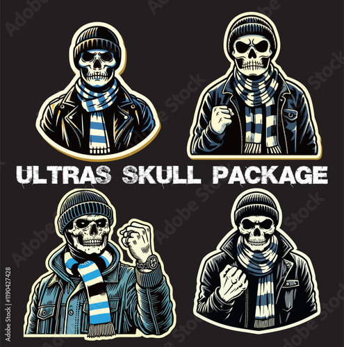 4 package illustration vector graphic of Skulls Football fans ultras hooligan with blue white scarf design for logo, t-shirt, etc
