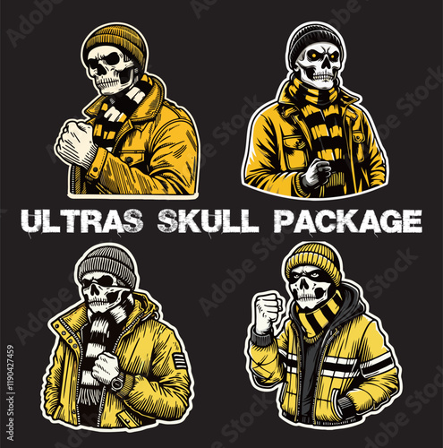 Illustration Vector Package of Skull head Football fans Ultras Hooligan Yellow White jacket with fighting style isolated black background