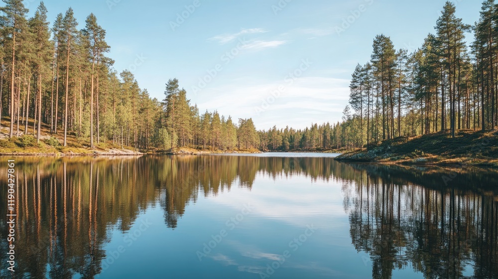 Obraz premium Tranquil Lake Reflected in Serene Pine Forest