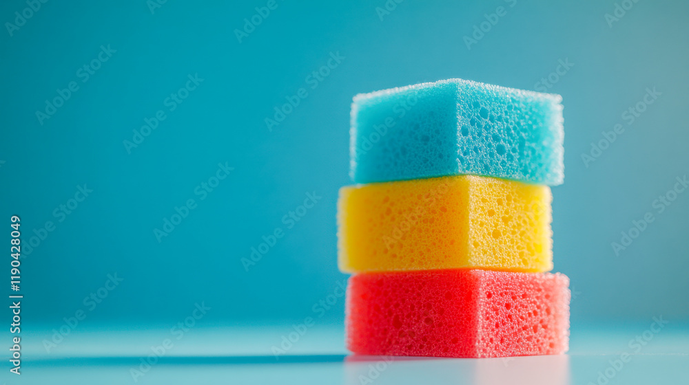 Colorful stacked sponges on a blue background, showcasing vibrant hues and textured surfaces for cleaning tasks or artistic displays Colorful stacked sponges on a blue background, showcasing vibrant hues and textured surfaces for cleaning tasks or artistic displays