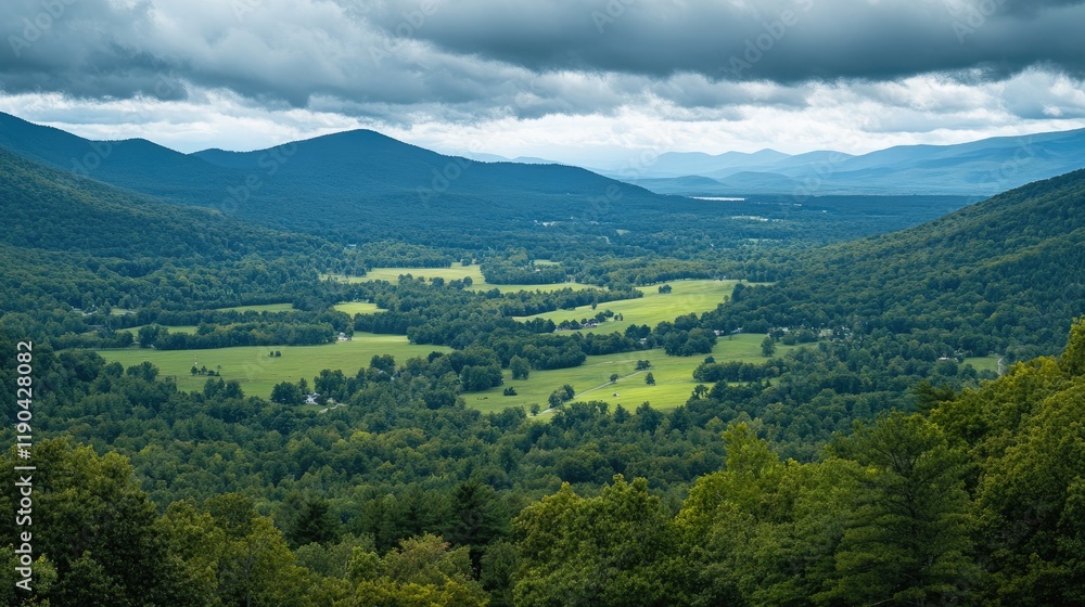 Mountain Valley Landscape Green Trees Cloudy Sky Mountain Valley Landscape Green Trees Cloudy Sky