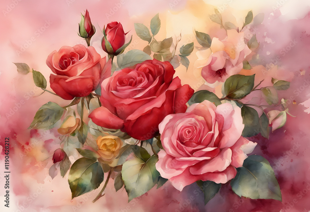 A vibrant watercolor painting of red and pink roses with green leaves. A vibrant watercolor painting of red and pink roses with green leaves.