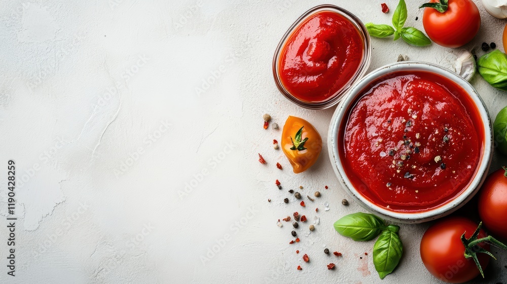 Bowl of fresh tomato sauce with basil and cherry tomatoes on a white background Bowl of fresh tomato sauce with basil and cherry tomatoes on a white background
