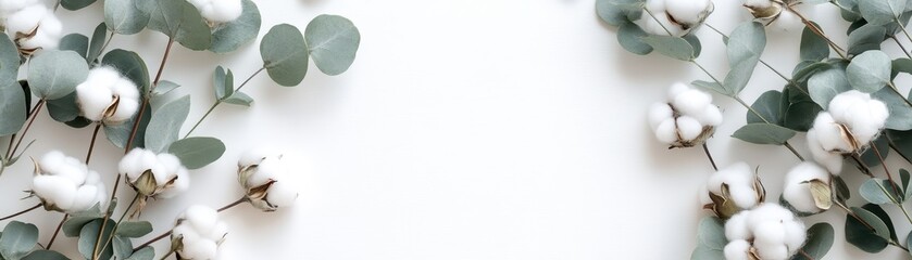 Delicate border of eucalyptus stems with scattered cotton flowers, open circular frame, serene style on white
