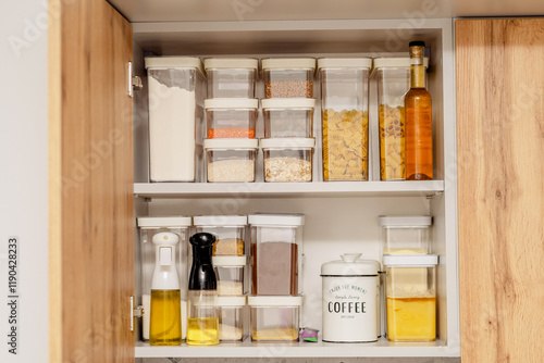 Organization of space in the kitchen cabinet. Organizers for loose products.