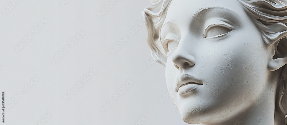 Close-up of a classical white marble female bust, serene expression, soft light. Close-up of a classical white marble female bust, serene expression, soft light.